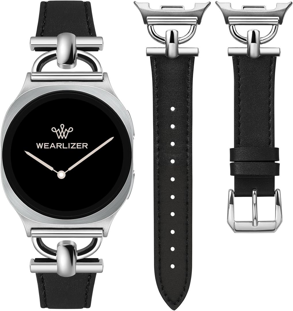 Wearlizer Leather Bands Compatible with Samsung Galaxy Watch 8 Band 40mm 44mm/Watch 8 Classic 46mm, Dressy Designer Slim Leather Strap Wristband Accessories with D-Shape Metal Buckle for Women (Black/Silver)