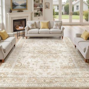Washable Area Rugs 9x12, Soft Large 9x12 Rugs for Living Room Non-Slip Vintage Beige Indoor Carpet Stain Resistant Rugs for Dining Room Bedroom Nursery Kid & Pet Friendly