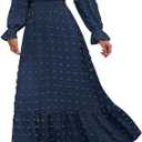 Swiss Dots Wedding Guests Dresses for Women Elegant V Neck Long Sleeve Swing Ruffle Hem Party Cocktail Maxi Dress, Blue Size L