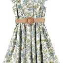 PATPAT Little Big Girls Dress Vintage Boho Floral Ruffle Short Sleeve Casual Swing Dress with Braided Belt 4-5Yr Old