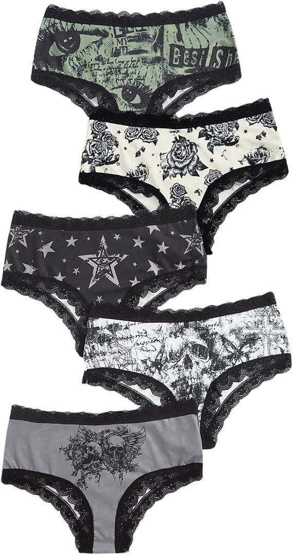 WDIRARA Women's 5 Pack Set Goth Graphic Print Mesh Sheer Lace Trim Mid Rise Underwear Briefs (Medium, Multicolor Black)