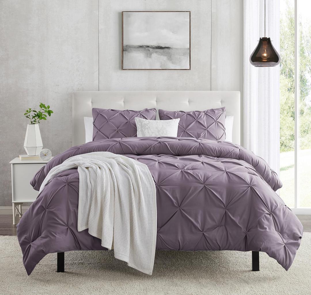 Clara Clark Grayish Purple Duvet Cover Queen Size - Pintuck Queen Duvet Cover Set, 3 Piece Double Brushed Duvet Covers with Button Closure, 1 Pinch Pleated Duvet Cover 90x90 inches and 2 Pillow Shams