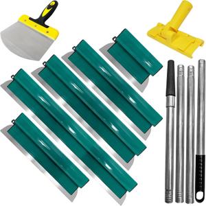Drywall Skimming Blade Set, Stainless Steel 10",16",24",32&40 Skimming Blades, 32-62 Extension Handle, Arc-Shaped Feeding Shovel, Drywall Finishing Tools for Plasterboard and Wallboard, Green (Green, 8 Pack)