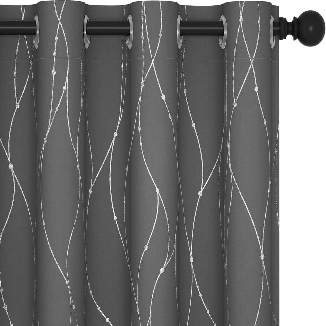 Deconovo Blackout Curtains - Silver Wave Dots Print, Thermal Insulated, Noise Reducing, Privacy Drapes for Bedroom & Living Room (52W x 45L Inch, Grey/Silver, 2 Panels)