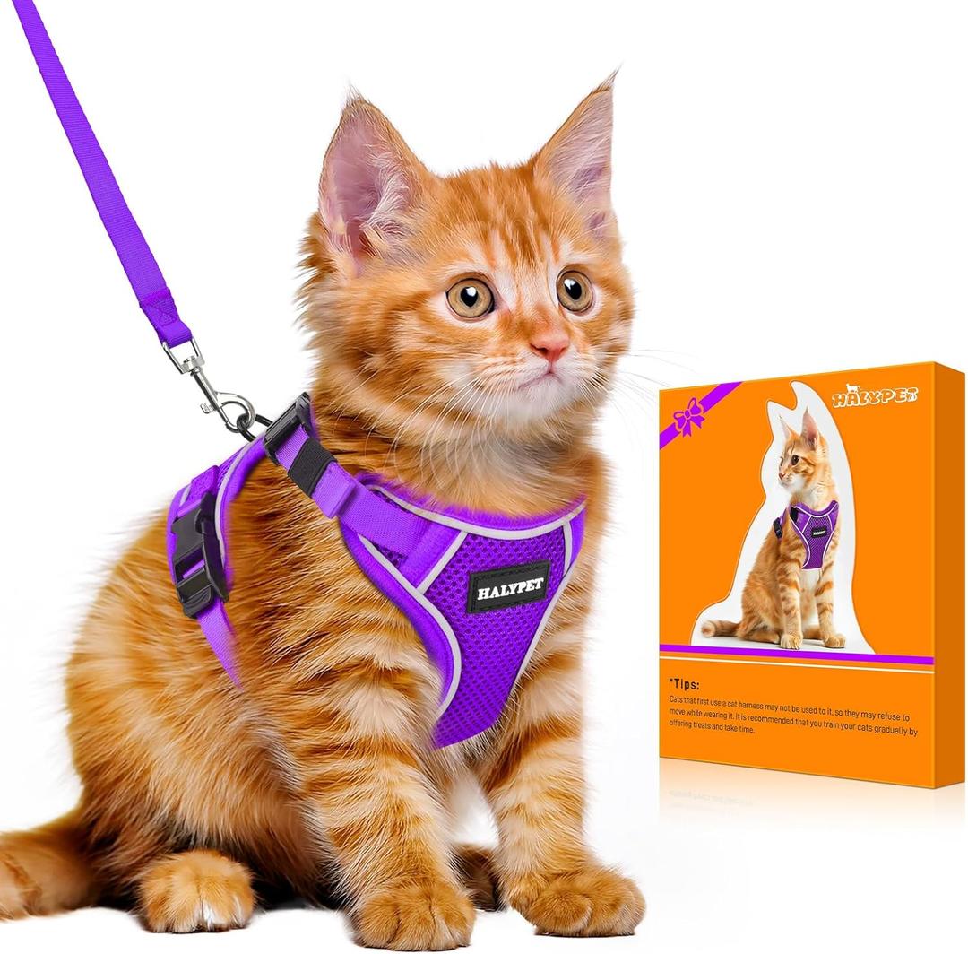 Halypet Cat Harness and Leash Set [MAX Safety 4th-Gen Upgrade] Escape Proof Adjustable Cat Leash Comfortable Soft Vest Easy to Wear Kitten Harness with Reflective Strip for Cats Walking, S Purple (Small (7-12lb))