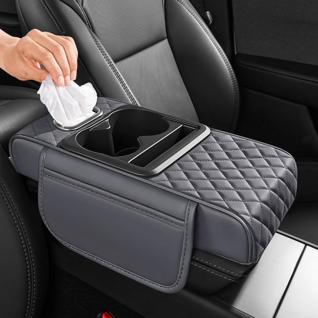 5 in 1 Car Center Console Cover, Armrest Pad with 2 Storage Pockets, Cup Holder, Tissue Box Slot, Phone Holder, Universal Car Interior Organizer (Gray)