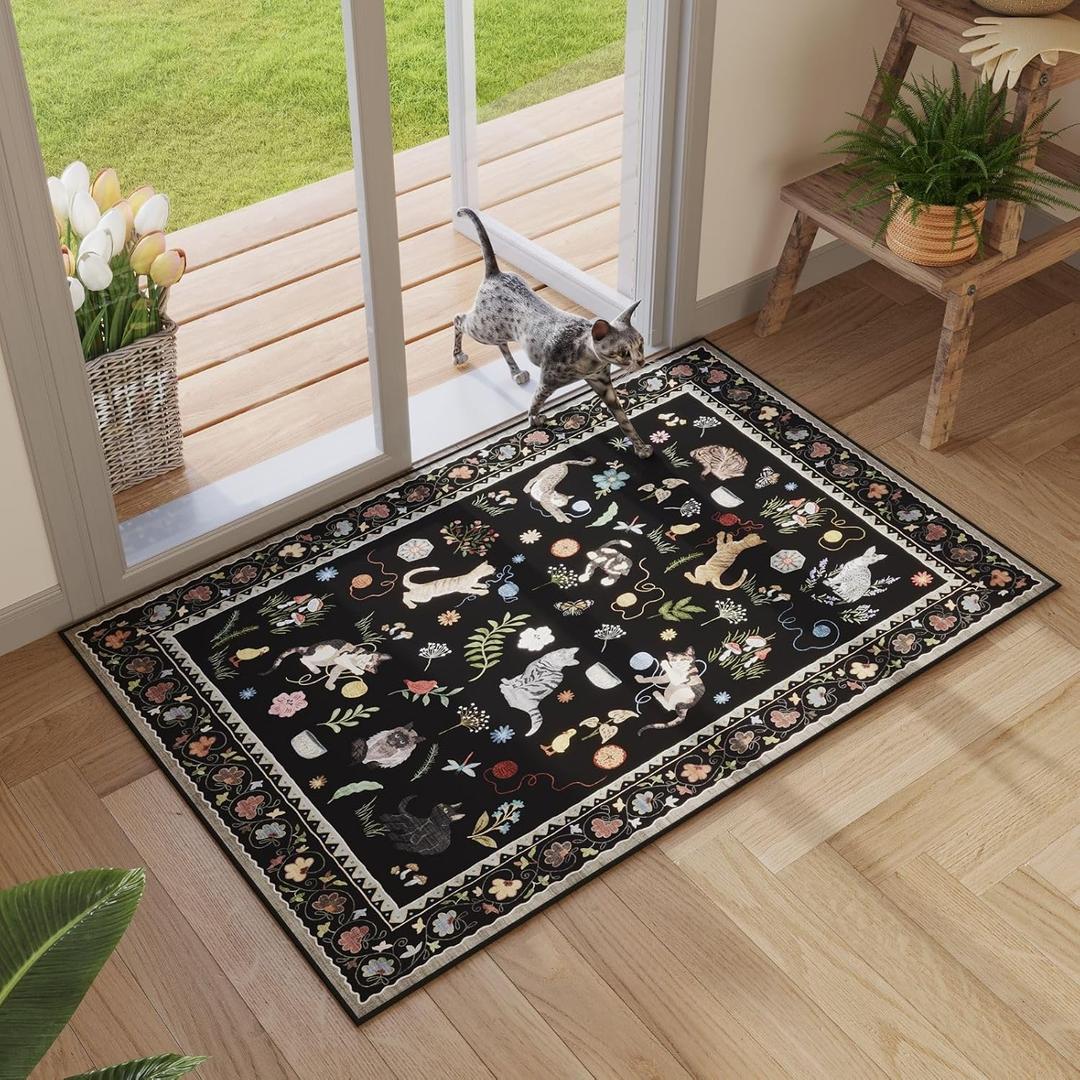 Rugcomf Door Mat Indoor Entrance 2x3 Rug Machine Washable Boho Floral Animal Cat Small Area Rug Non-Slip Low Pile Throw Rugs for Entryway Kitchen Front Door Indoor Entrance Entry Kids Room, Black