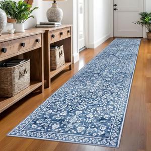 Vintage 2.6x12 Hallway Runner, Denim Blue White Washable Non-Slip Long Hallway Carpet, Super Soft Kitchen Runner, Print Faux Wool Floral Thin Carpet for Entryway (2'7" x 12' (Runner), Denim Blue and White)