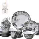 222 Fifth Adelaide 16-Piece Black Porcelain Dinnerware Set  Service for 4, Featuring Hand-Applied Romantic Woodland Bird Design, for Everyday Dining & Entertainment, Microwave & Dishwasher Safe