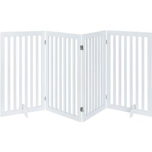 unipaws Freestanding Tall Dog Gate, Foldable Pet Fence, Indoor Wood Barrier, Assembly Free Stair Gate with 2PCS Support Feet (91cm H, 4Panels, White) (80"W36"H)
