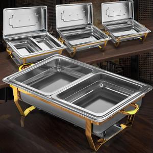 Chafing Dishes for Buffet 4 Pack, [Elegant Gold and Silver] Stainless Steel Chafing Dish Buffet Set, 9QT No-Finger Cut Roll Edge Chafers and Buffet Warmers Sets for Party (Gold 1/2 Panx2+Full Panx2)