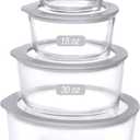 Glass Food Containers with Glass Lid, Microwave Safe Food Storage Container, Large 4 Pack Round Shape, Food Containers with Lids, Meal Prep containers with Leak Proof Lid.