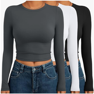 AUTOMET 3 Pack Womens Long Sleeve Crop Tops Basic Fitted T Shirts Slim Fit Crew Neck Y2K Layering Tees,  Grey White Black, Large