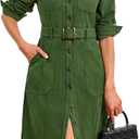 YEXPINE Women's Corduroy Midi Dress Long Sleeve Belted Button Down Shirt Long Dress with Pockets (Large, Green)