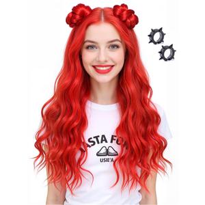 Long Curly Red Cosplay Wig with Earrings, Costume Wig for Halloween Party (Red for Adults)