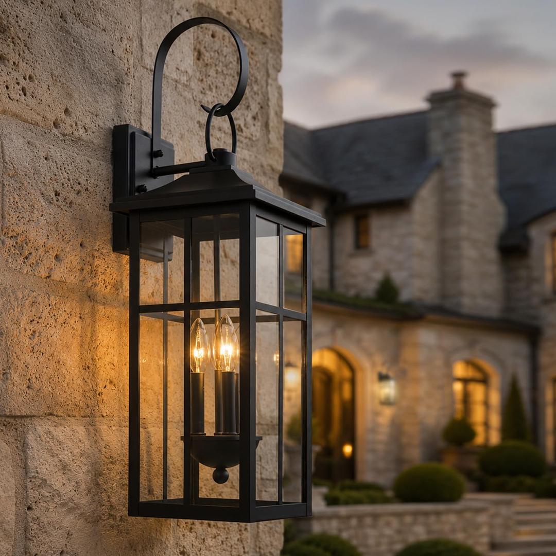 MIDLMJCOI Outdoor Wall Sconce Porch Lights Fixture Exterior | Black, 24.6” Large Outside Wall Lantern, Clear Glass, Water Proof House,Garage, Patio Lighting,1 Pack
