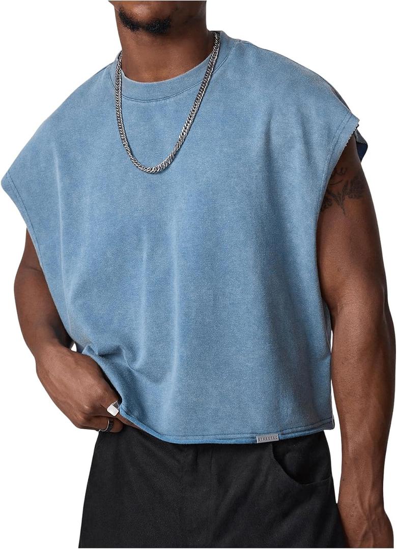 GORGLITTER Men's Dolman Sleeve Crop Vest Top T Shirts Crewneck Loose Pullover Tank Tops (Blue, L)