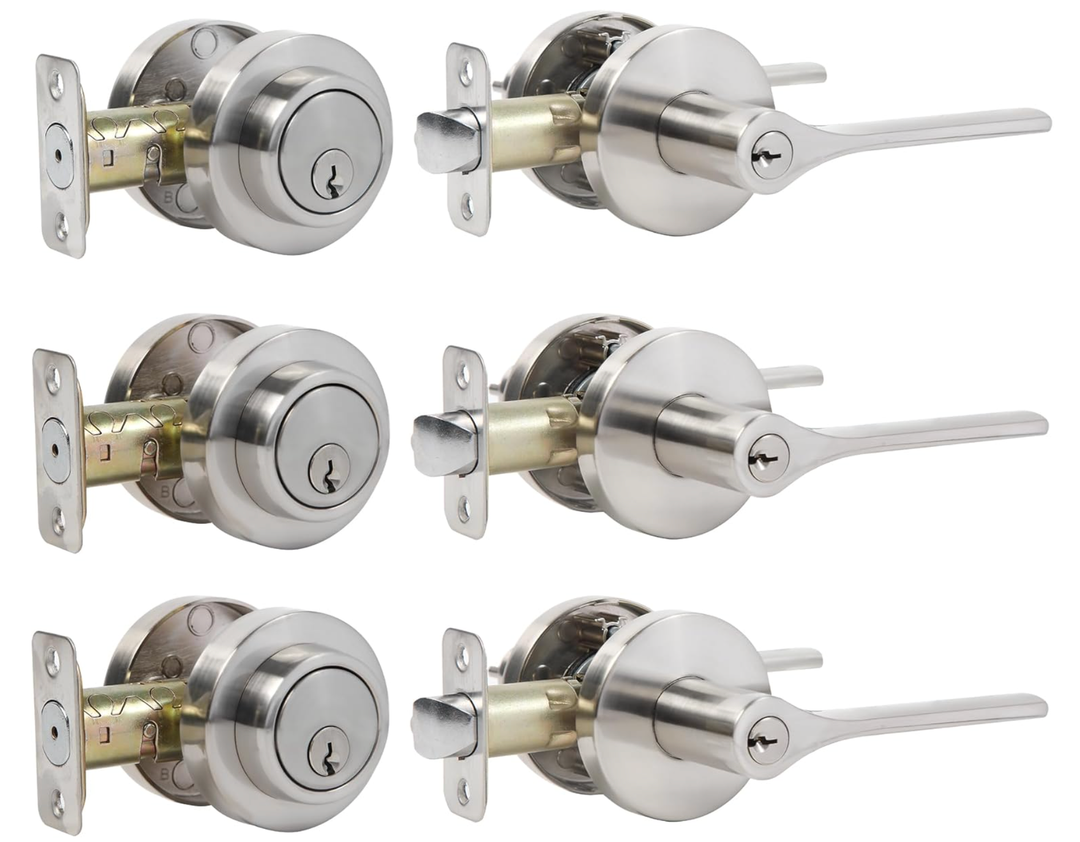 JESSTTI Door Handles Exterior,Keyed Entry Lever and Single Cylinder Deadbolt Combo Pack, Doorknob with Lock and Key, Round Entry Door Locksets Front Door, Satin Nickel (All Keyed Alike) 3Pack