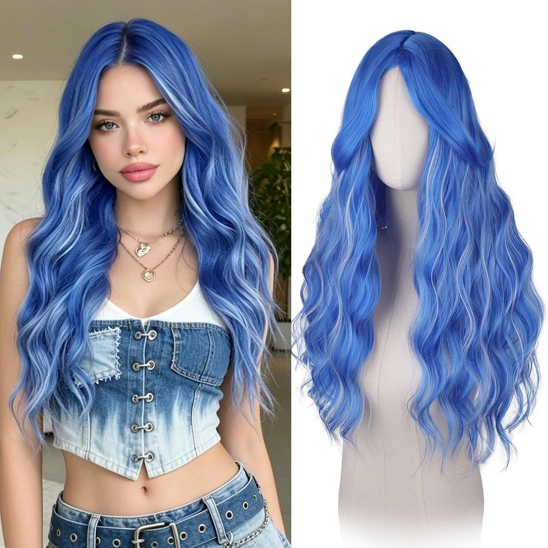 Haloo Blue Wigs with Curtain Bangs for Women - Long Wavy Middle Part Natural Looking Synthetic Hair Wig for Daily Party Cosplay Costume, 26 Inch Blue Mixed Grey