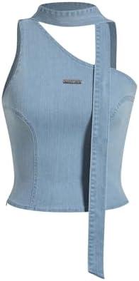 MakeMeChic Women's Denim Top One Shoulder Cut Out Sleeveless Y2K Tank Top No Size