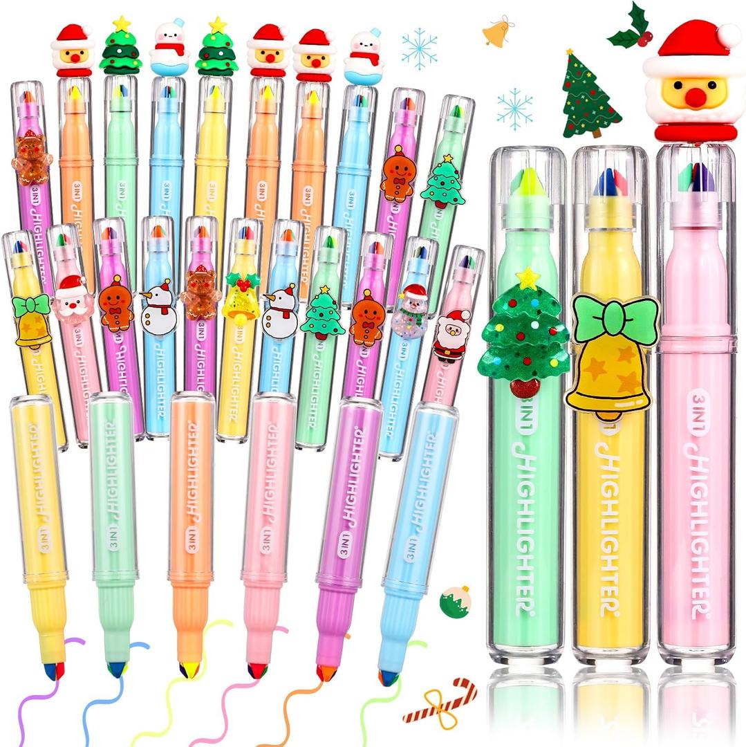 Spiareal 24 Pcs Christmas 3-in-1 Highlighters Pens Bulk Multicolor Xmas Highlighter Marker Christmas Tree Santa Claus Snowman Fluorescent Pens for Holiday Gifts Xmas Stocking Fillers (Cute Style)