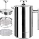 Secura French Press Coffee Maker, 304 Grade Stainless Steel Insulated Coffee Press with 2 Extra Screens, 17oz (0.5 Litre), Silver