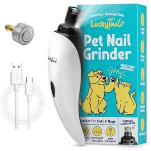 LuckyTail Pet Nail Grinder for Dogs and Cats - Super Quiet and Low Vibration Electric Dog Nail Grinder with 2 LED Lights - USB Rechargeable and Cordless - 2 Speeds - Small to Large Pets, White