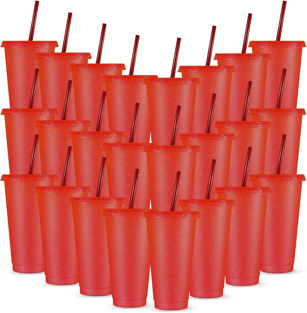 Amyhill 24 Pcs Reusable Cups with Lids and Straws 24 oz Glitter Iced Coffee Tumbler Plastic Travel Mug Cup for Smoothie Juices Birthday Sleepover Party Supplies for Girls(Red)