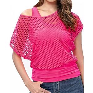 WILDPARTY Women's Casual Sexy Off Shoulder T-Shirt 80s 90s Outfit 80's Costume Fishnet Neon Shirt Summer Short Sleeve 3 XL