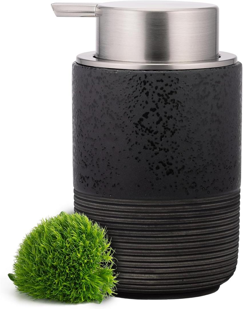 EMPO Ceramic Embossed Press Foam Hand Soap Dispenser - 300ml Large Capacity Facial Cleansing Bottle and Liquid Soap Dispenser for Kitchen Bathroom with Mousse Lotion Pump (Black)