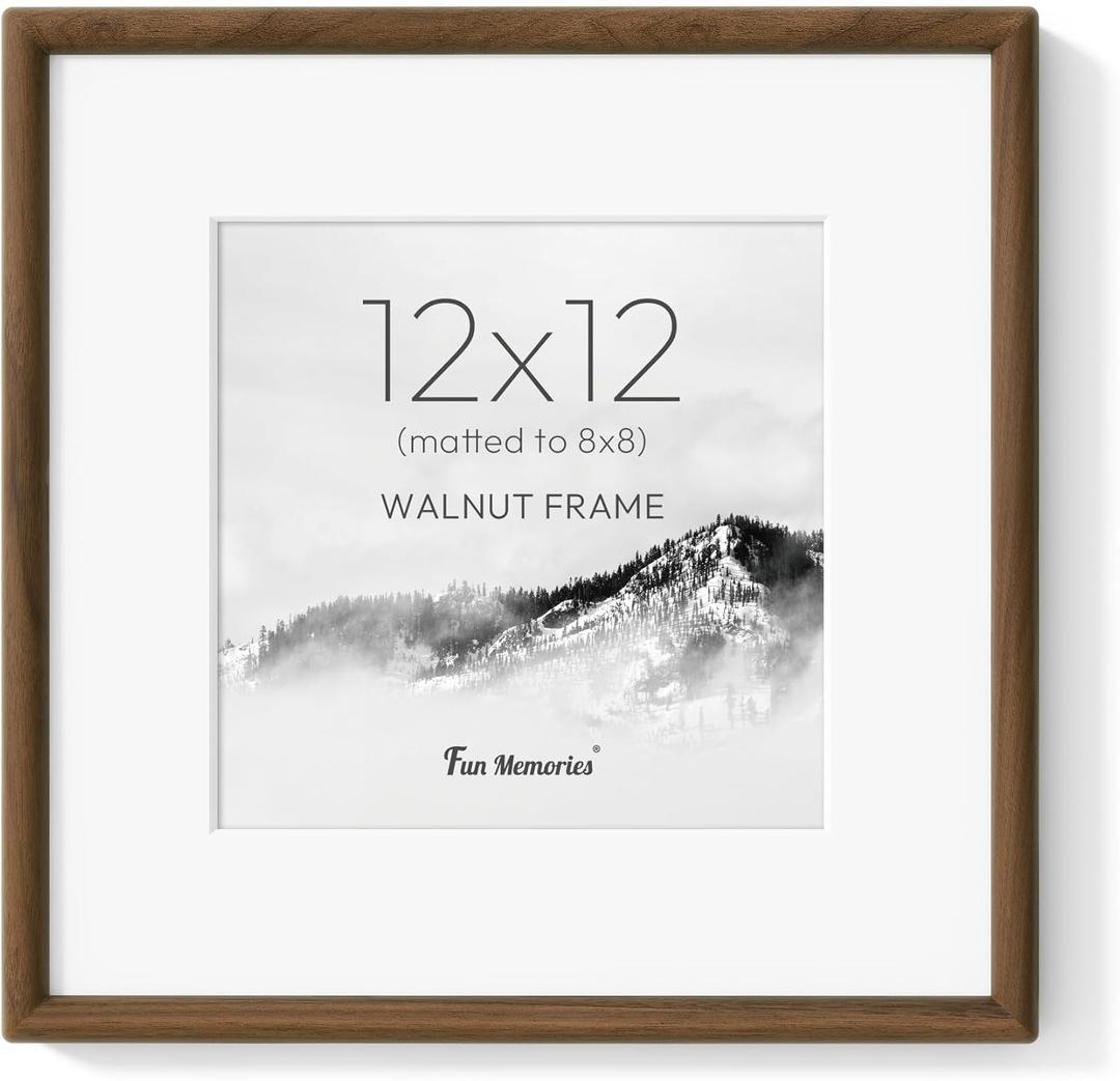 Fun Memories 12x12 Picture Frame with HD Tempered Glass, USA-Sourced Walnut Wood Photo Frame Matted to 8x8, Rounded Corner 12 x 12 Square Wooden Frames, Gallery Wall Frames for Posters & Art Prints