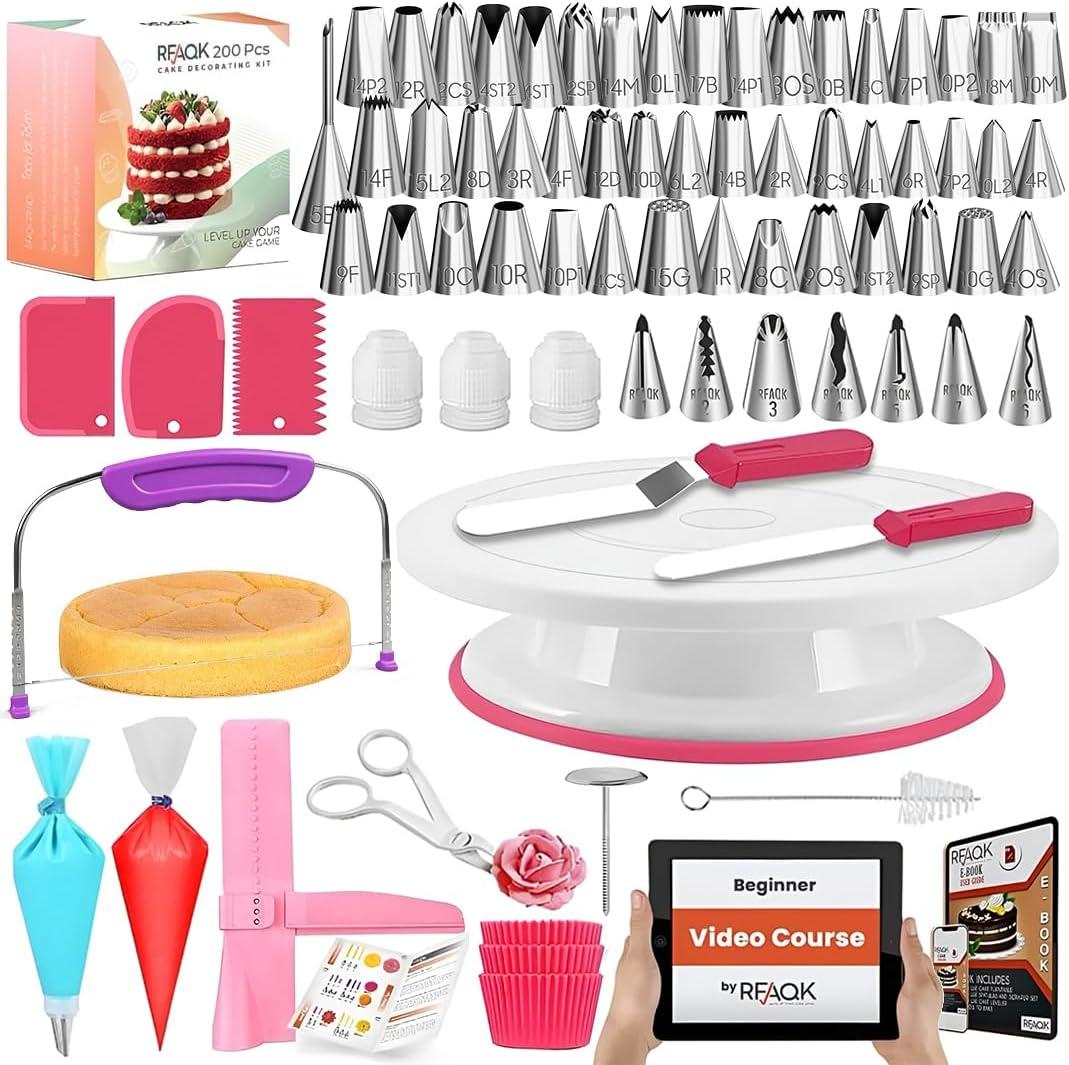 RFAQK 200PCs Cake Decorating Kit with Cake Turntable & Leveler, Baking Supplies Gift Includes 110+1 Piping Bags,55 Icing Tips,2 Frosting Spatulas, Adjustable Scraper, Video Tutorial, Booklet & more (White, Pink)