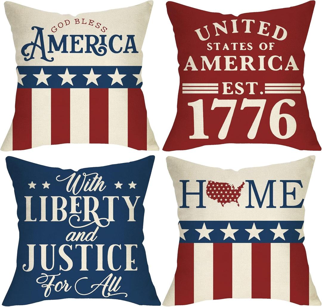 4th of July American Patriotic Decorative Throw Pillow Cover 18x18 Set of 4, USA Star Stripe God Bless America United States Est.1776 Cushion Case for Home Decor with Liberty and Justice for All