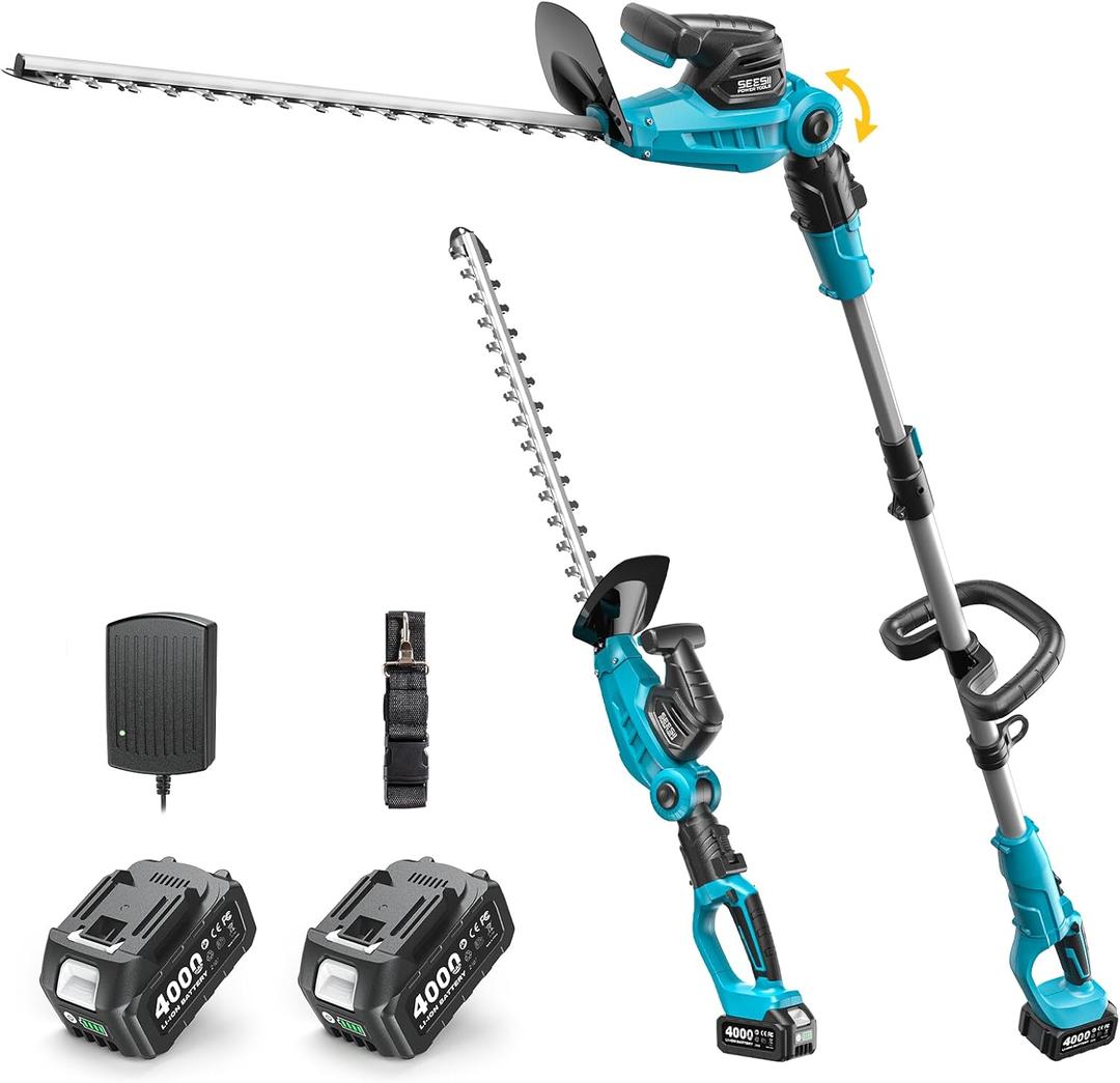 SEESII Pole & Cordless Hedge Trimmer 2-in-1: Electric Bush Trimmer with 20" Dual-Action Blade - 2 Pcs 4.0Ah Batteries, Telescopic Pole, Adjustable Rotating Head, Handheld Hedge Cutter for Tree Shrubs