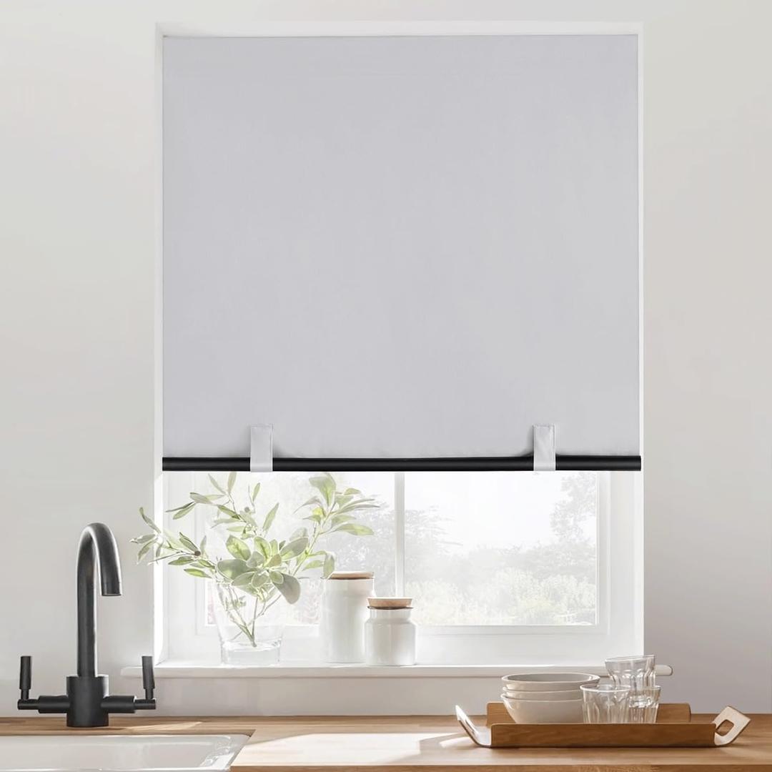 RYB HOME Full Blackout Cordless Roller Shades Cuttable for Window and Door with 2 Magnetic Tie Backs, No Drill Privacy Blinds with Customizable Width for Bedroom, Greyish White, W36xL72, 1 Panel