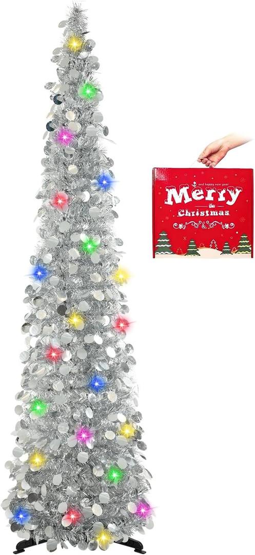 MACTING Christmas Pop up Tree with 50 LED Lights Timer 5FT Silver Collapsible Tinsel Pencil Tree Easy-Assembly Coastal Glitter Artificial Tree for Porch Apartment Corner Home Party Xmas Decorations