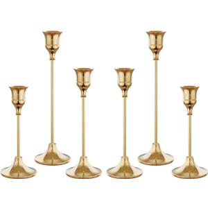 Set of 6 French Gold Candle Holders for Taper, Vintage Candlestick Holder Decorative Metal Candle Sticks Home Decor Centerpieces for Table Mantel Festive Decorations