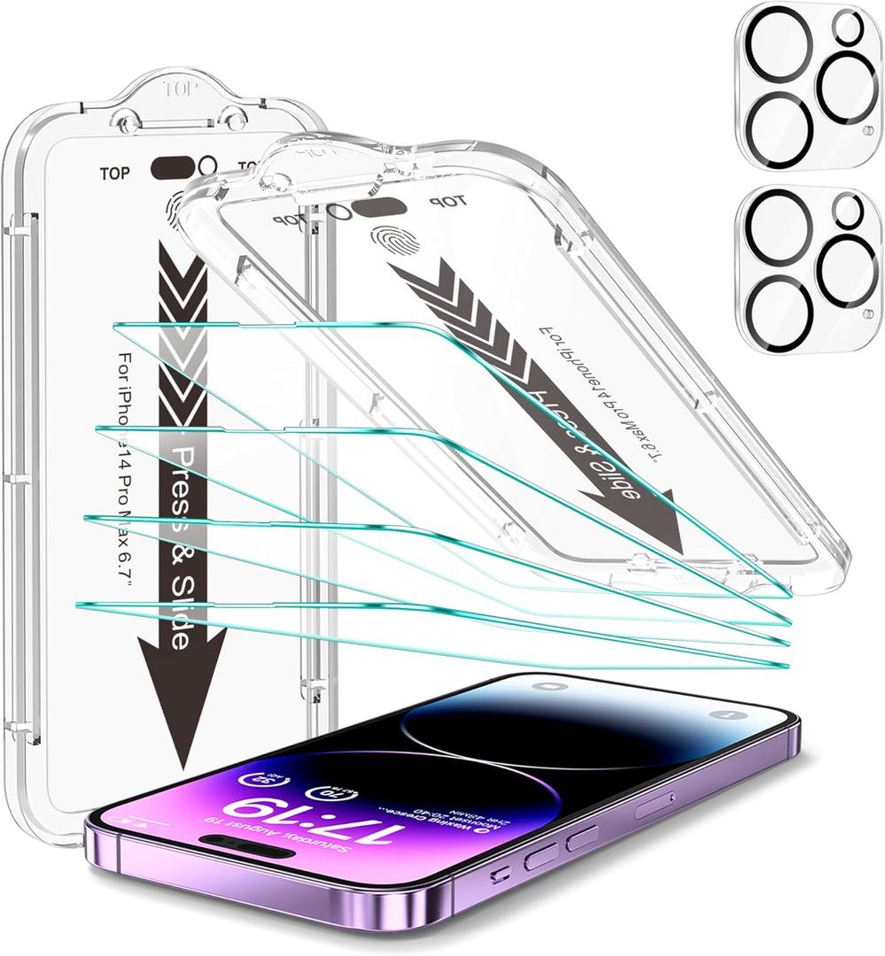 EZ-GLAZ- 4 Pack for iPhone 14 Pro Max Screen Protector [6.7"] With 2 Pack Camera Lens Protector, 9H+ Hardness 12FT Military Grade Shatterproof Scratch Resistant Durable Tempered Glass Film with Flawless Fit Kit, HD Clear (Transparency)