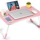 FISYOD Foldable Laptop Table, Portable Lap Desk Bed Table Tray, Laptop Stand with Cup Holder & Tablet Slot & Lifting Handle for Working Writing Drawing & Eating (Light Pink)