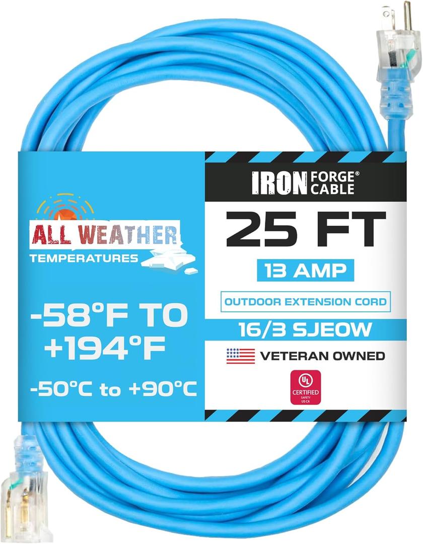 Iron Forge Cable 25 Ft All-Weather Extension Cord for Outdoor & Indoor Use - 16/3 SJEOW Lighted 3 Prong Extension Cord - for Cold & Hot Temperatures