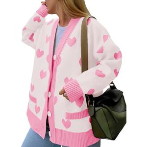 Saodimallsu Womens Oversized Heart Cardigan Color Block V Neck Button Long Sleeve Chunky Valentines Sweaters S