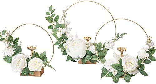 Ling's moment Candle Holder Hoop Wreath Floral Centerpieces for Sweetheart Table, Head Table, Ceremony Reception Artificial Flowers Decorations (Set of 3, White)