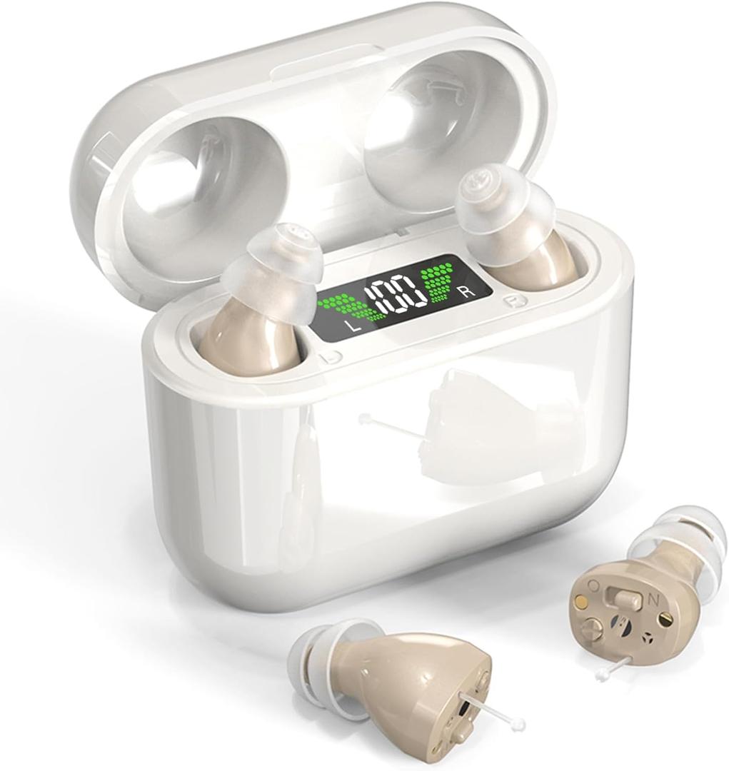 Hearing Aids with Long-Lasting Charging Case, Invisible Hearing Aids for Seniors with Smart Noise Cancellation, Completely-in-Canal Hearing Aid Devices, Easy Control (Beige)