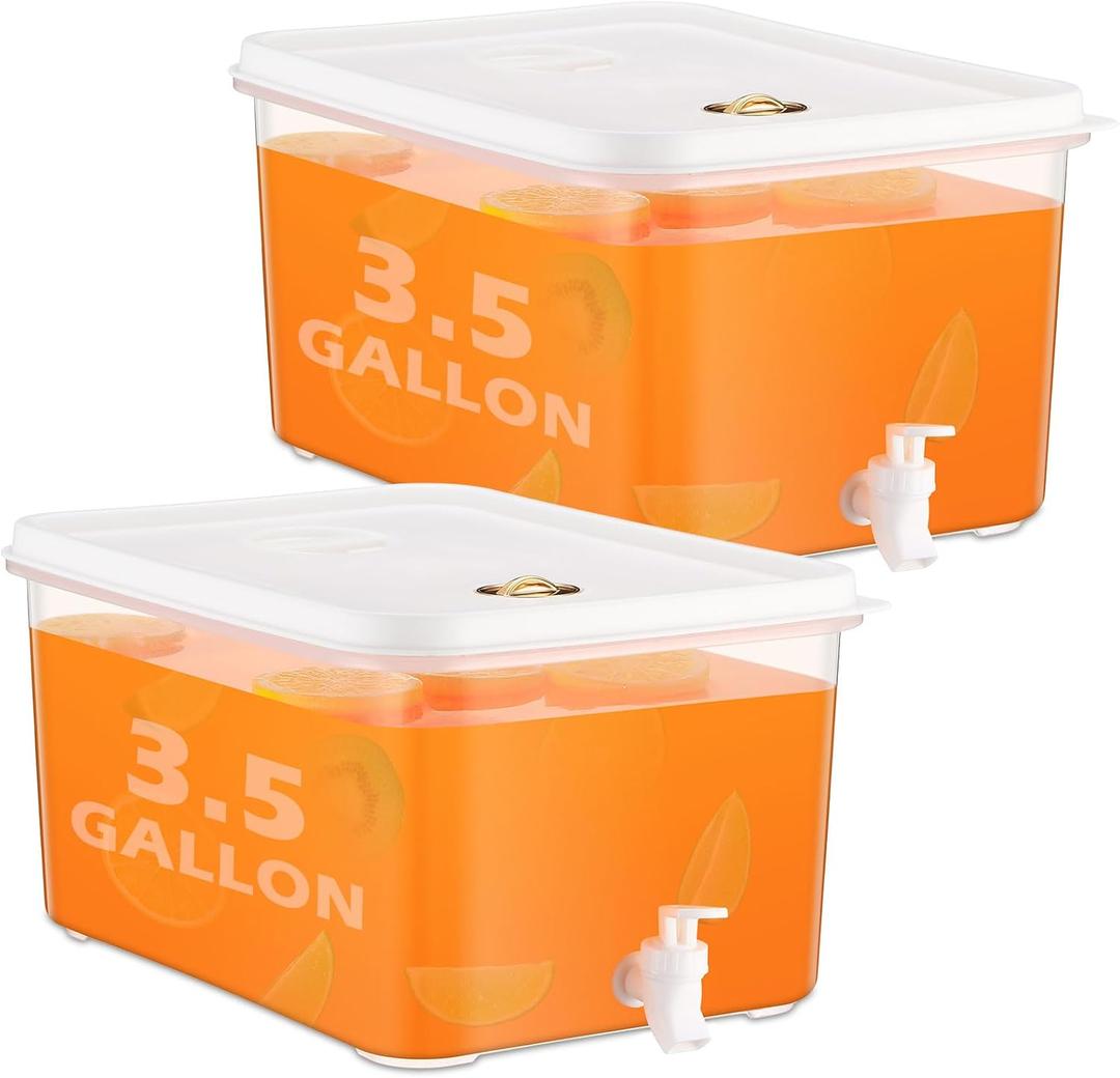 Domensi 2 Pack 3.5 Gallon Drink Dispenser for Fridge with Spigot Water Dispenser Leak Proof Lids Filter Screen Beverage Juice Container Sealed Plastic Lemonade Milk Cold Hot Drink Tea Jug for Party