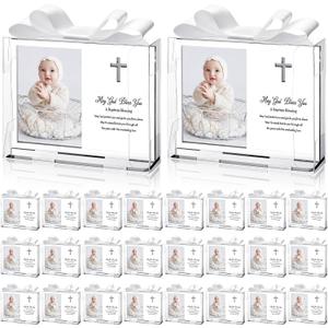 24 Set Baptism Picture Frame 3.5 x 5 Acrylic Baby Shower Baptism Favor Christening Gifts for Boy Girl with Plastic Crystal Boxes and Satin Ribbon Bows for Religious First Communion(White)