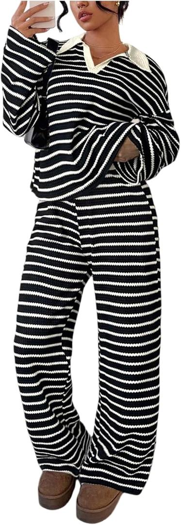 MakeMeChic Womens 2 Piece Set Striped Lounge Set Going Out Travel Outfit (Small, Black)