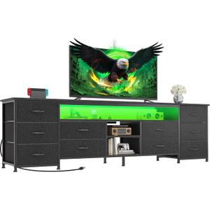 Huuger 70.9 Inch LED TV Stand Dresser with Power Outlets, USB-C Port and LED Lights, 10 Fabric Drawer Dresser for Bedroom, Long Entertainment Center for 75, 80 Inch TV, Open Shelves, PU Leather, Black