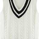 Floerns Women's V Neck Letter Striped Trim Sleeveless Sweater Vest Knit Top White Striped, X-Large