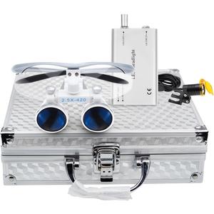 EustomA 2.5X Binocular Loupes Optical Glasses +3W LED Headlight Lamp with Filter + Aluminum Box Silver
