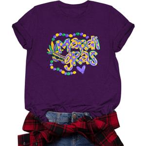 Mardi Gras Shirts for Women: Fat Tuesday Shirt Funny Mask Graphic Tee Carnival Short Sleeve Shirt New Orleans Party Top (Small, Purple-47)